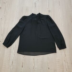 Who What Wear Elegant Black Sheer Blouse With Ruffle Mock Neck & Balloon Sleeves